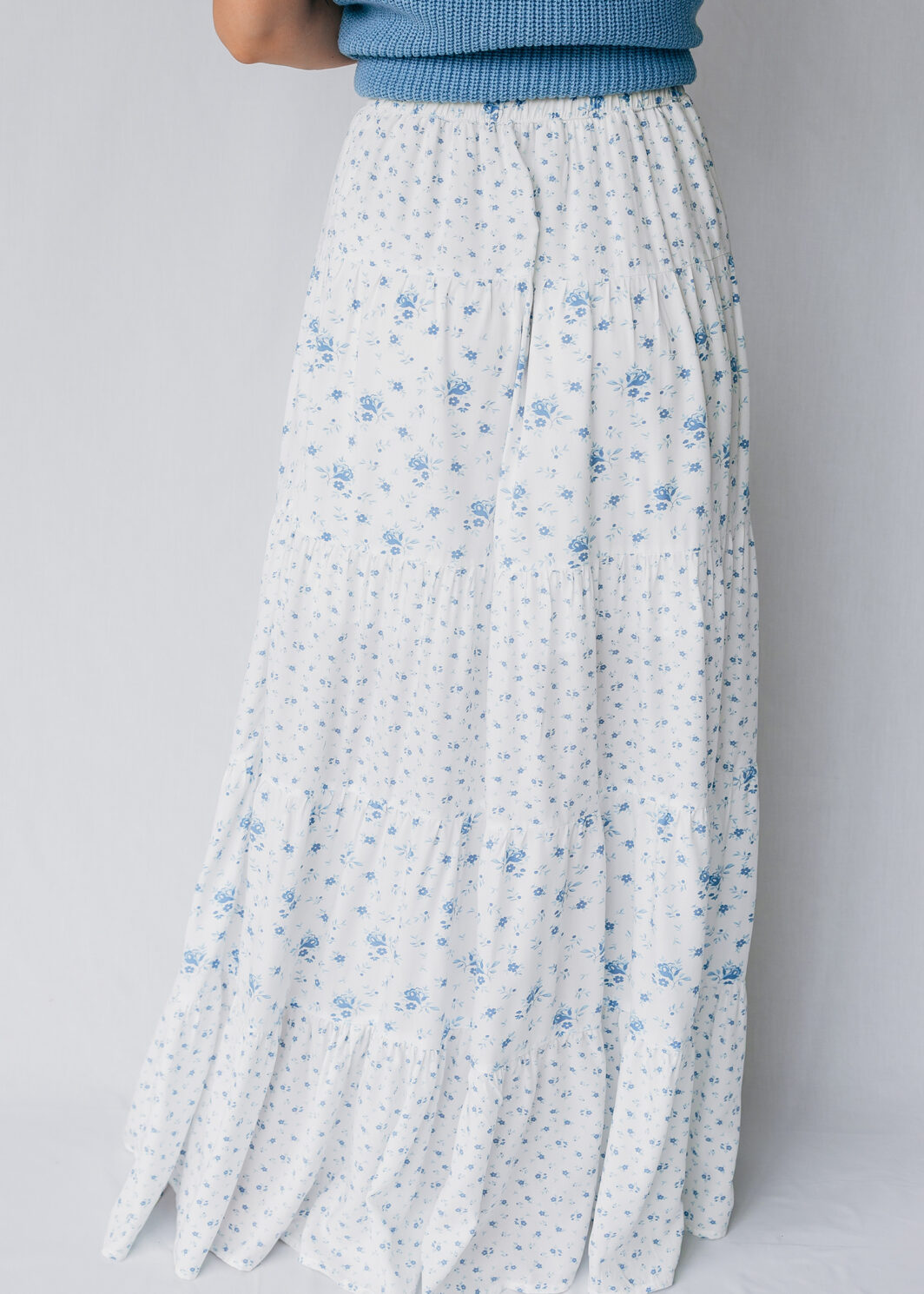 Sky Blue High Waist Tiny Floral Print Boho Maxi Skirt