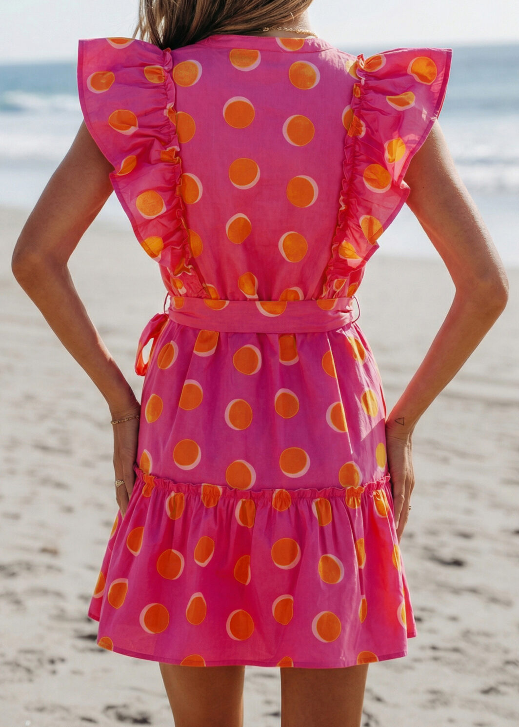 Rose Double Polka Dot V Neck Ruffled Short Sleeve Dress