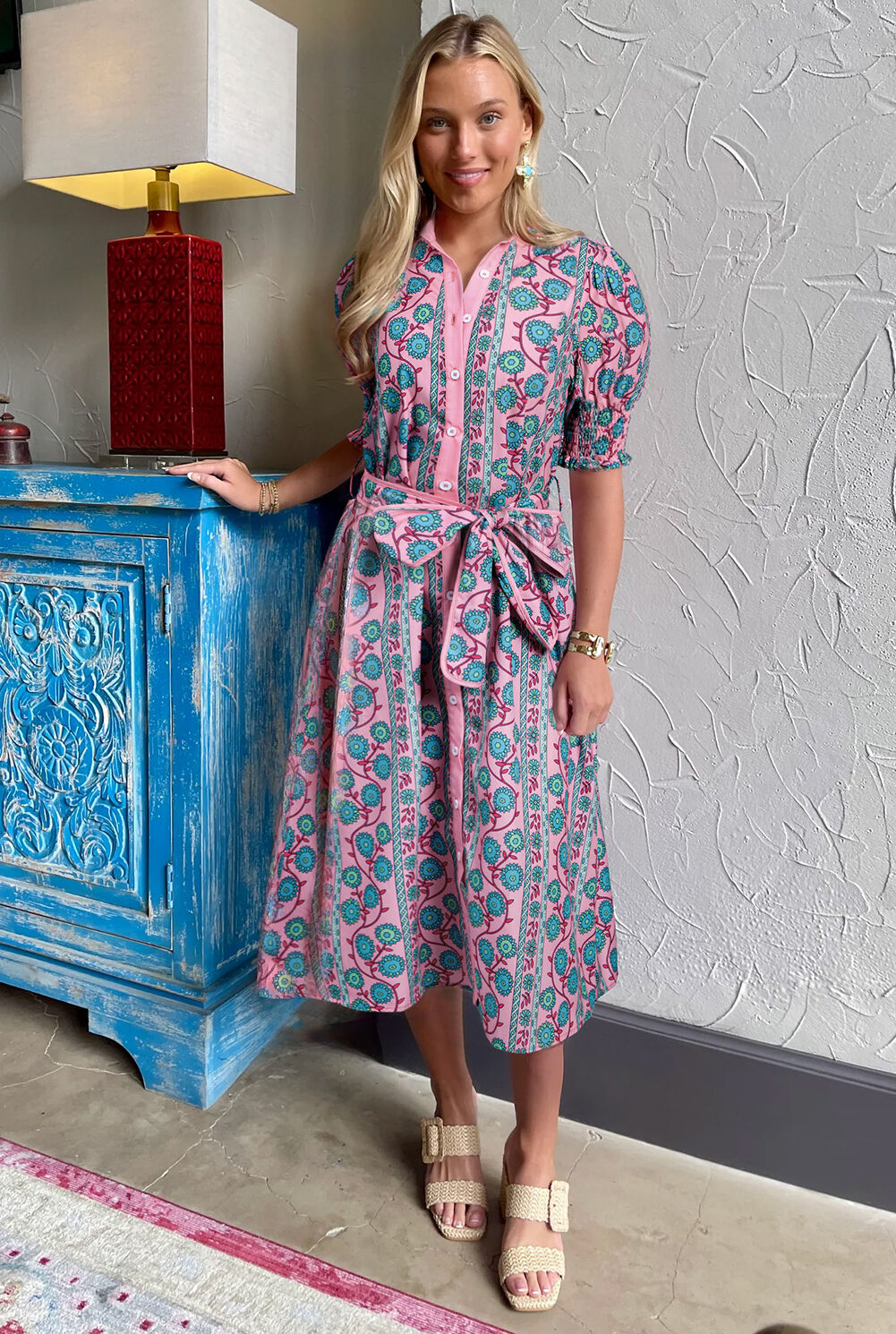Pink Floral Shirred Puff Sleeve Buttoned Front Midi Dress with Sash