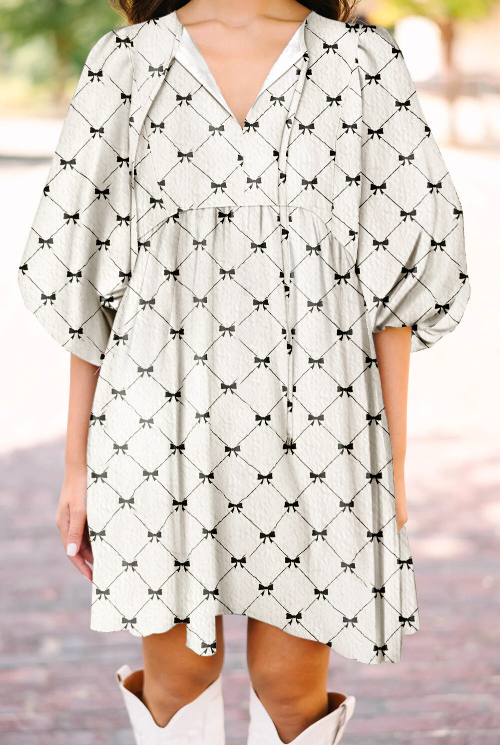 White Bowtie Pattern Textured Puff Half Sleeve Loose Mini Dress