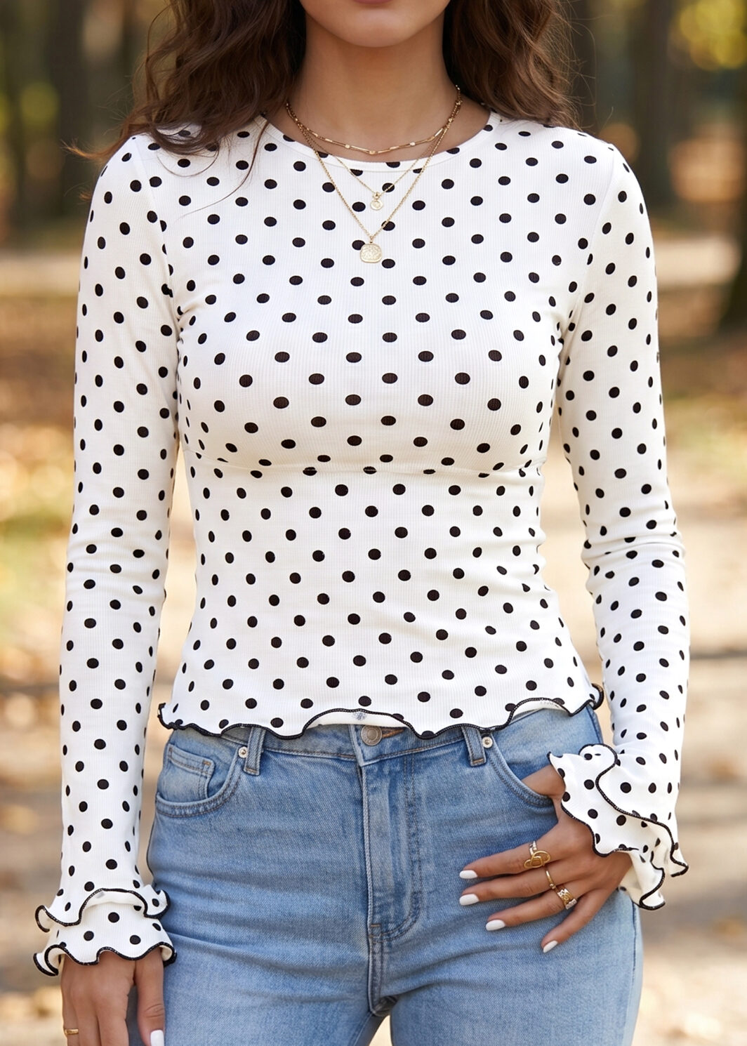 Black Polka Dot Print Lettuce Trim Long Sleeve Top