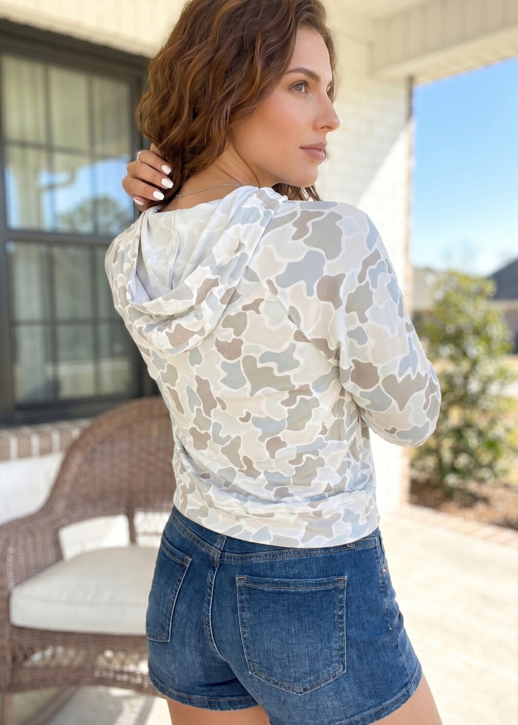 Beige Camouflage Print Long Sleeve Hooded Pullover Casual Top