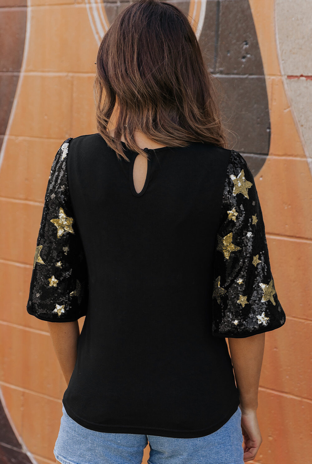 Black Star Sequin Splicing Half Sleeve Top