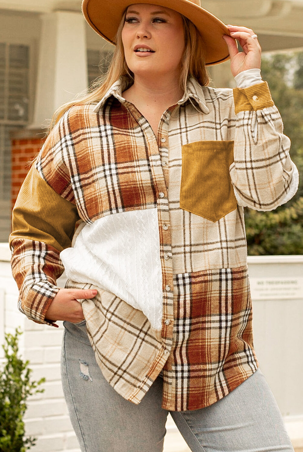 Golden Apricot Plus Size Plaid Patchwork Button up Shacket