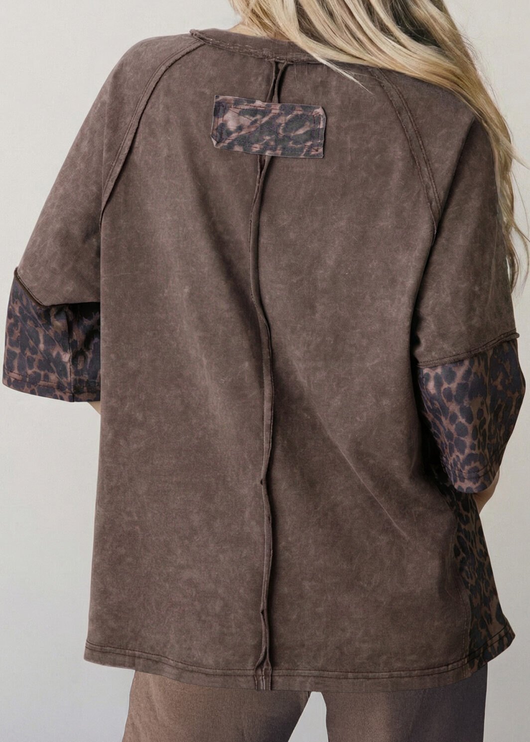 Coffee Mineral Wash Exposed Seam Leopard Star Patched T Shirt