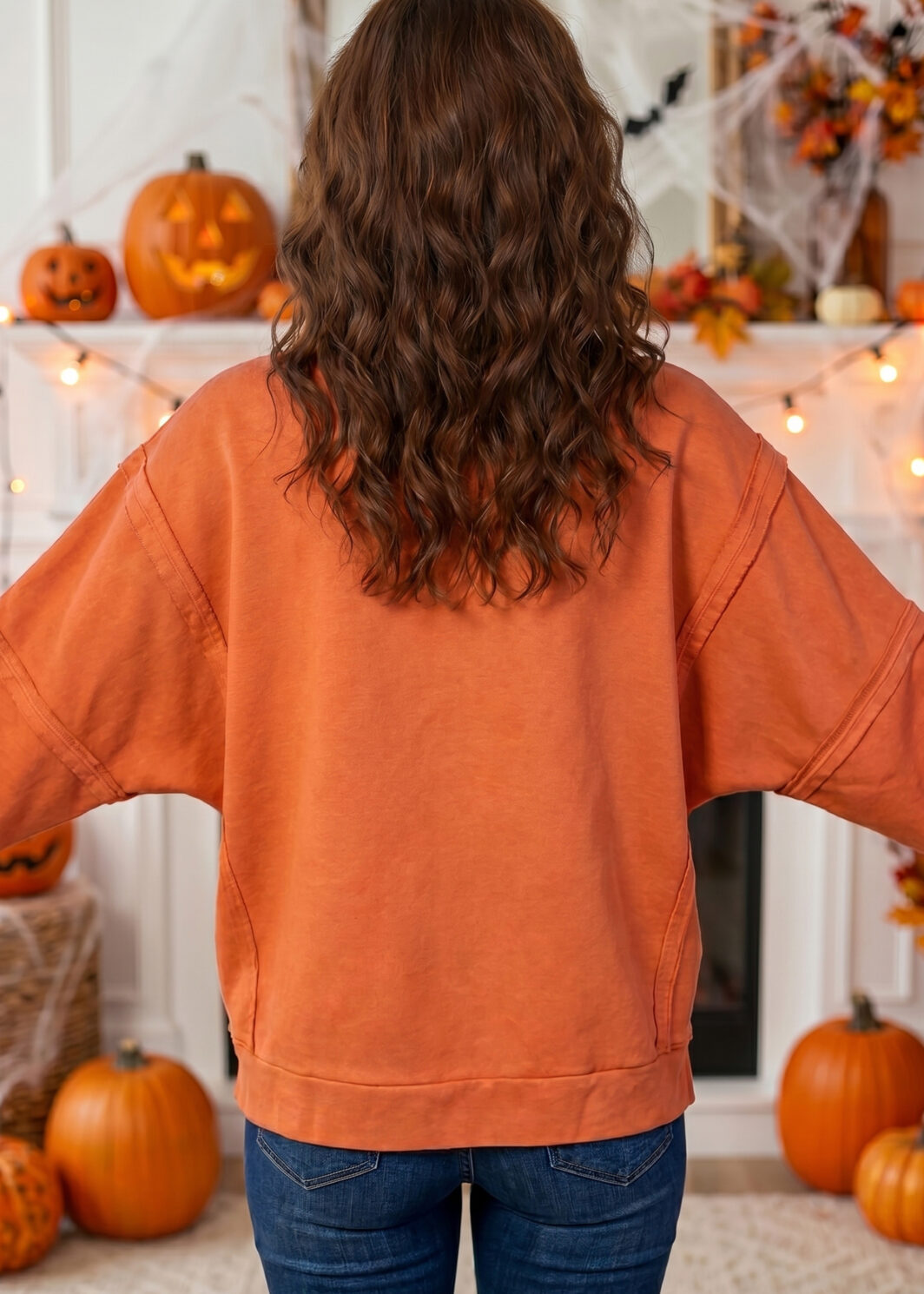 Flamingo Halloween Witchy Plaid Slogan Embroidered Patch Tunic Sweatshirt