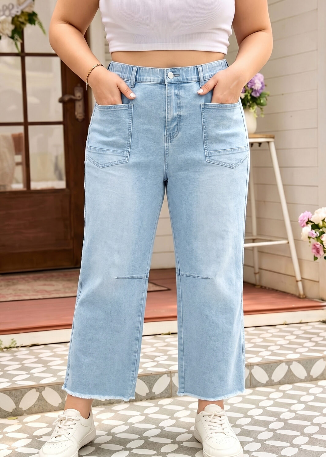 Beau Blue Plus Size Seam Detail Patch Pocket Raw Cut Shift Jeans