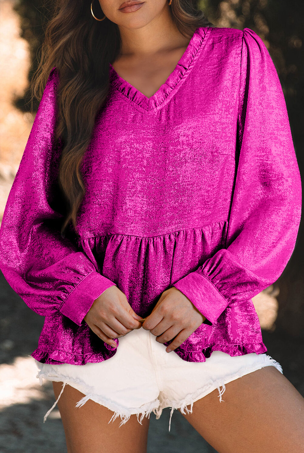 Rose Red Metallic Frilled V Neck Puff Sleeve Babydoll Blouse