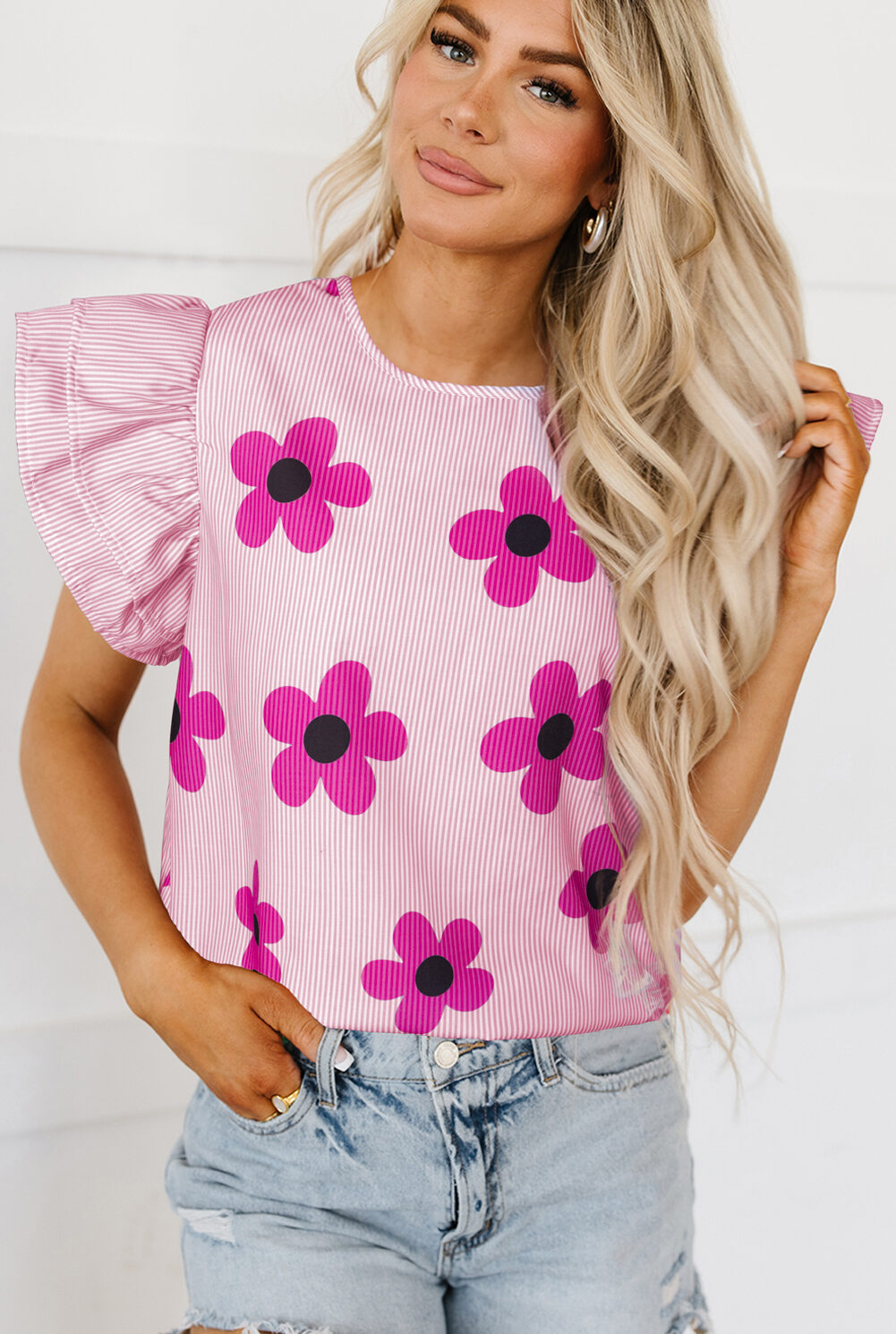 Pink Pinstripe Floral Print Ruffled Flutter Sleeve Blouse