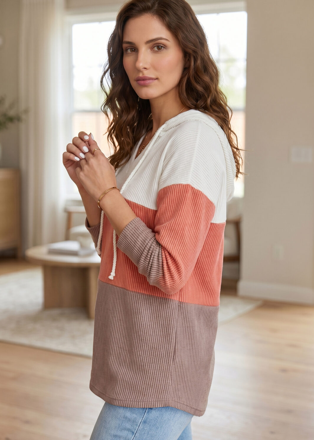 Gold Flame Ribbed Colorblock Hooded Pullover Long Sleeve Top