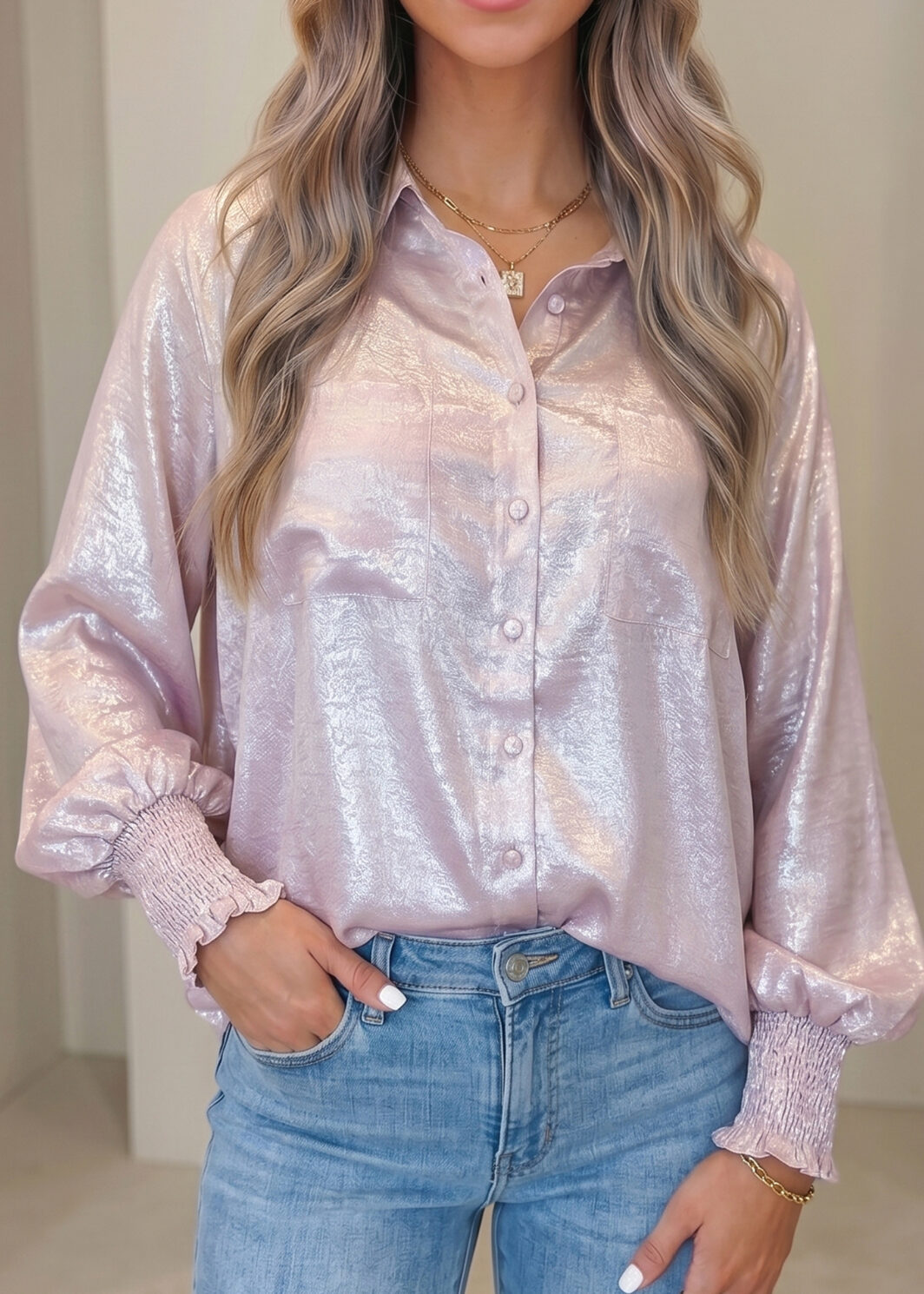 Delicacy Long Sleeve Button Front Ruffle Cuffs Back Paneling Shirt
