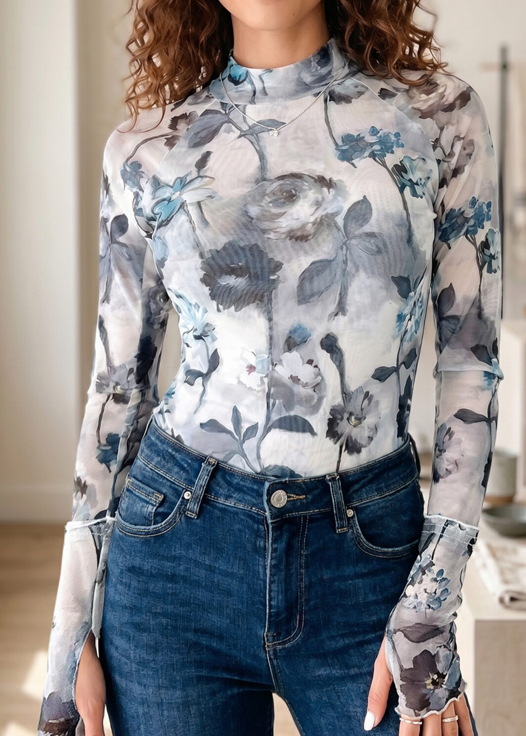 Sky Blue Floral Mesh High Neck Long Sleeve Sheath Top