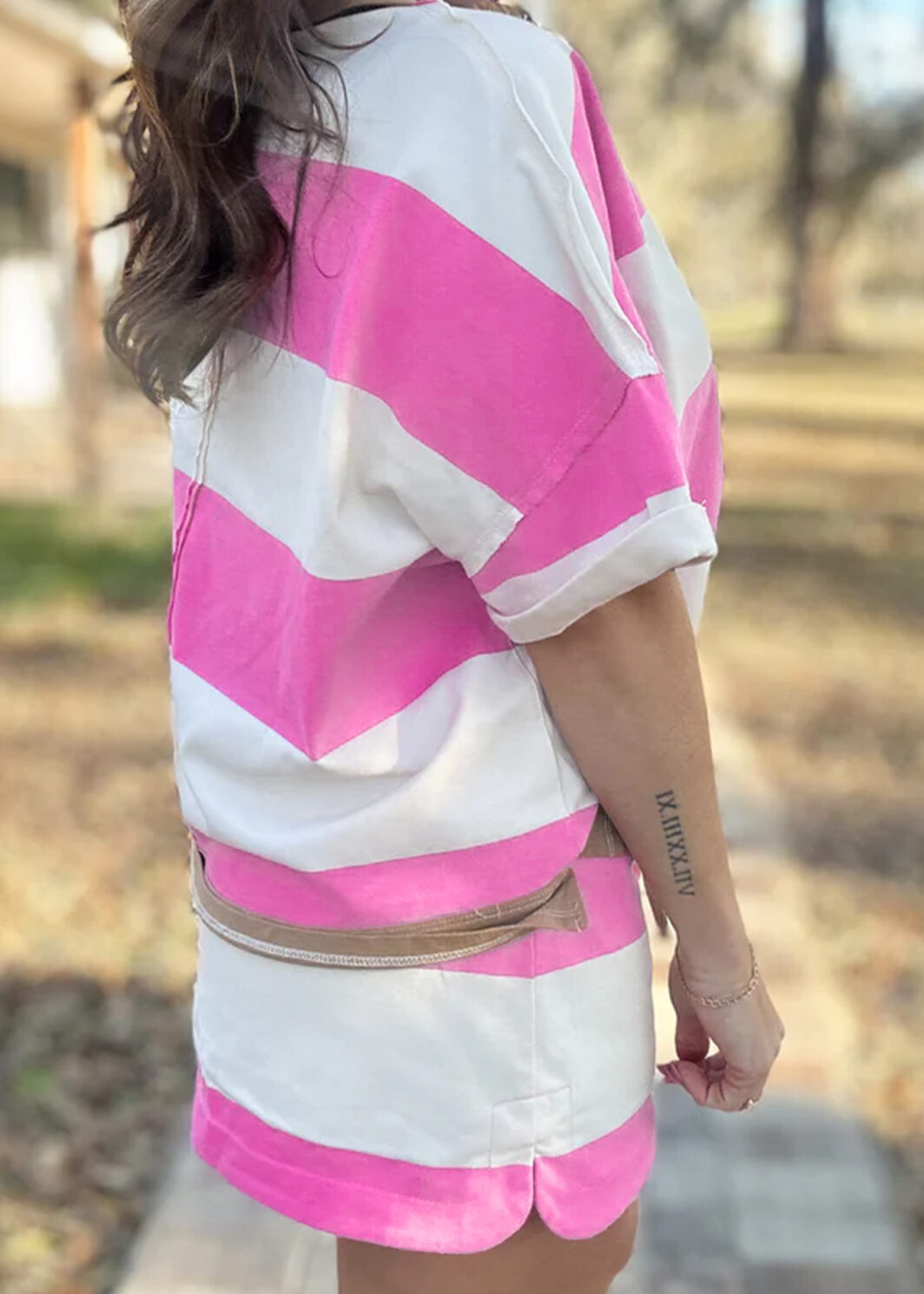 Rose Stripe Colorblock Trim Polo Tee Drawstring Mini Skirt 2pcs Set
