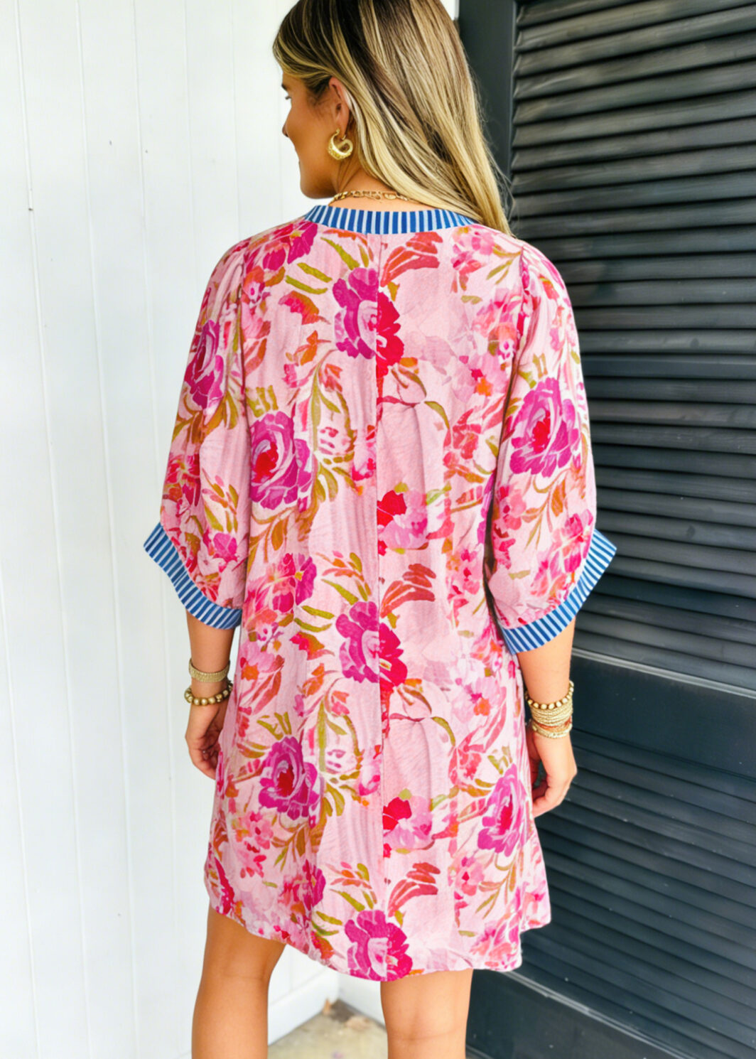 Multicolour Floral Striped Patchwork Trim Half Sleeve Mini Dress