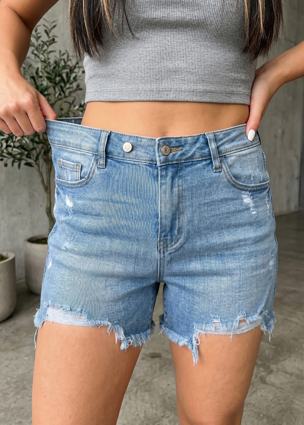 Beau Blue Asymmetric Raw Hem Distressed Whiskery Denim Shorts