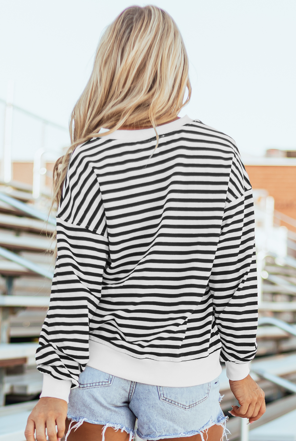 White Stripe Color Block Buttoned Crew Neck Oversized Sweatshirt