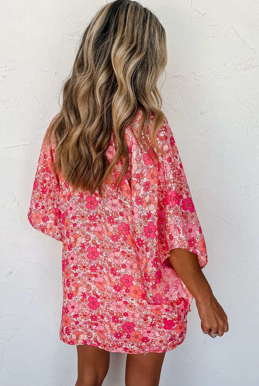Pink Boho Floral V Neck Kimono Style Blouse