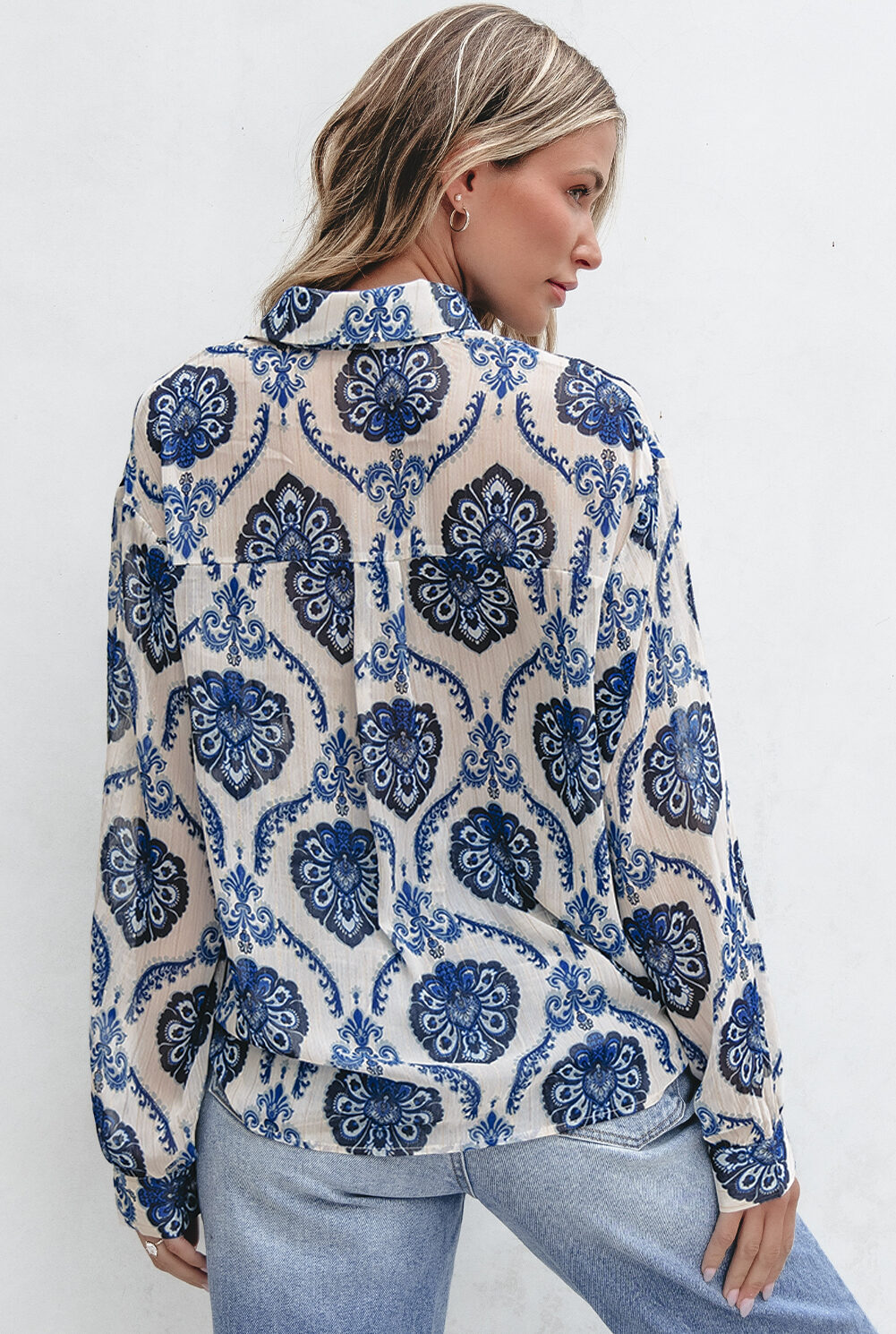 Blue Tribal Pattern Buttoned Front Loose Shirt