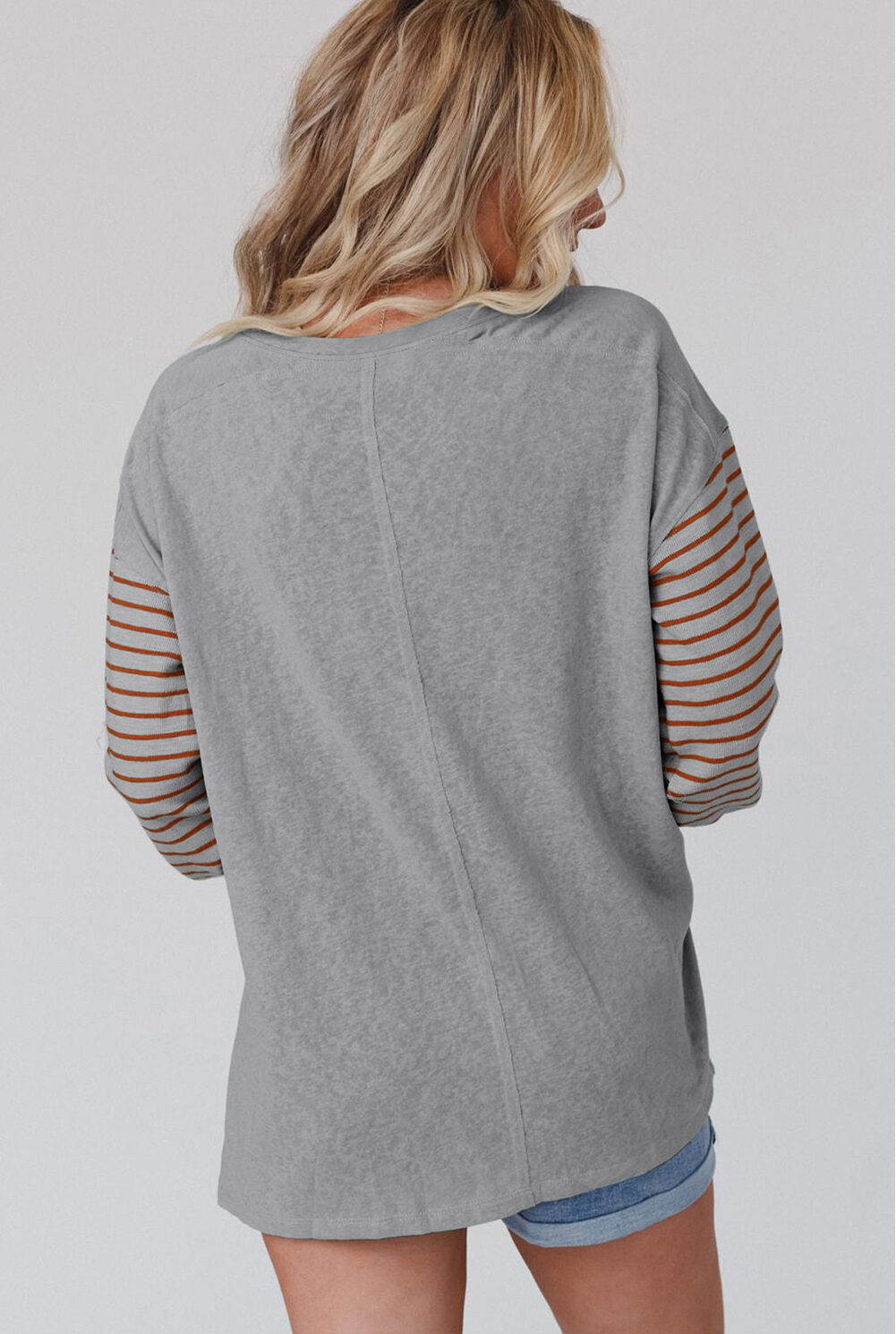 Gray Colorblock Striped Bishop Sleeve Top