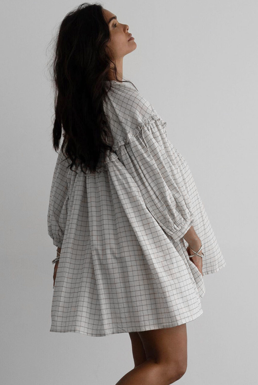 White Stripe Checkered Frilled V Neck Bracelet Sleeve Babydoll Dress