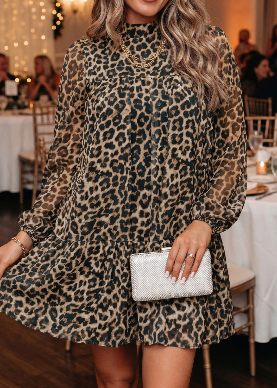 Brown Leopard Print Long Sleeve Short Shift Dress