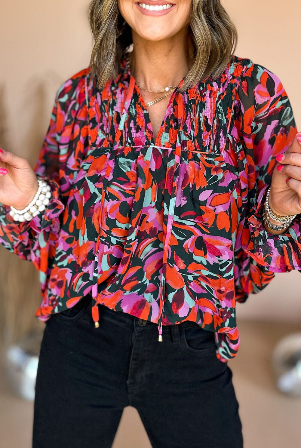 Red Dahlia Abstract Floral Shirred Detail Puff Sleeve Blouse