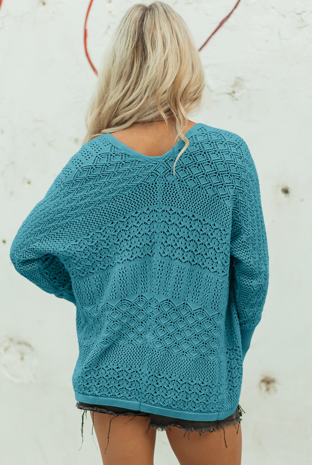 Lapis Mix Pattern Hollowed Knit Open Front Cardigan