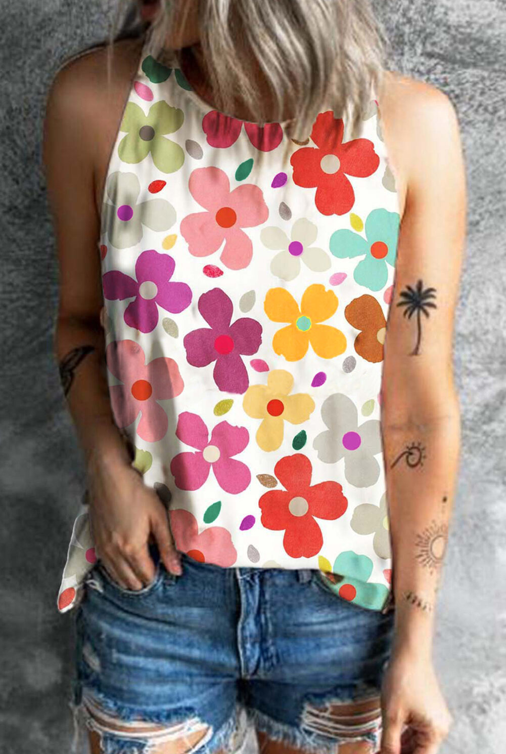 White Cute Floral Print Vest