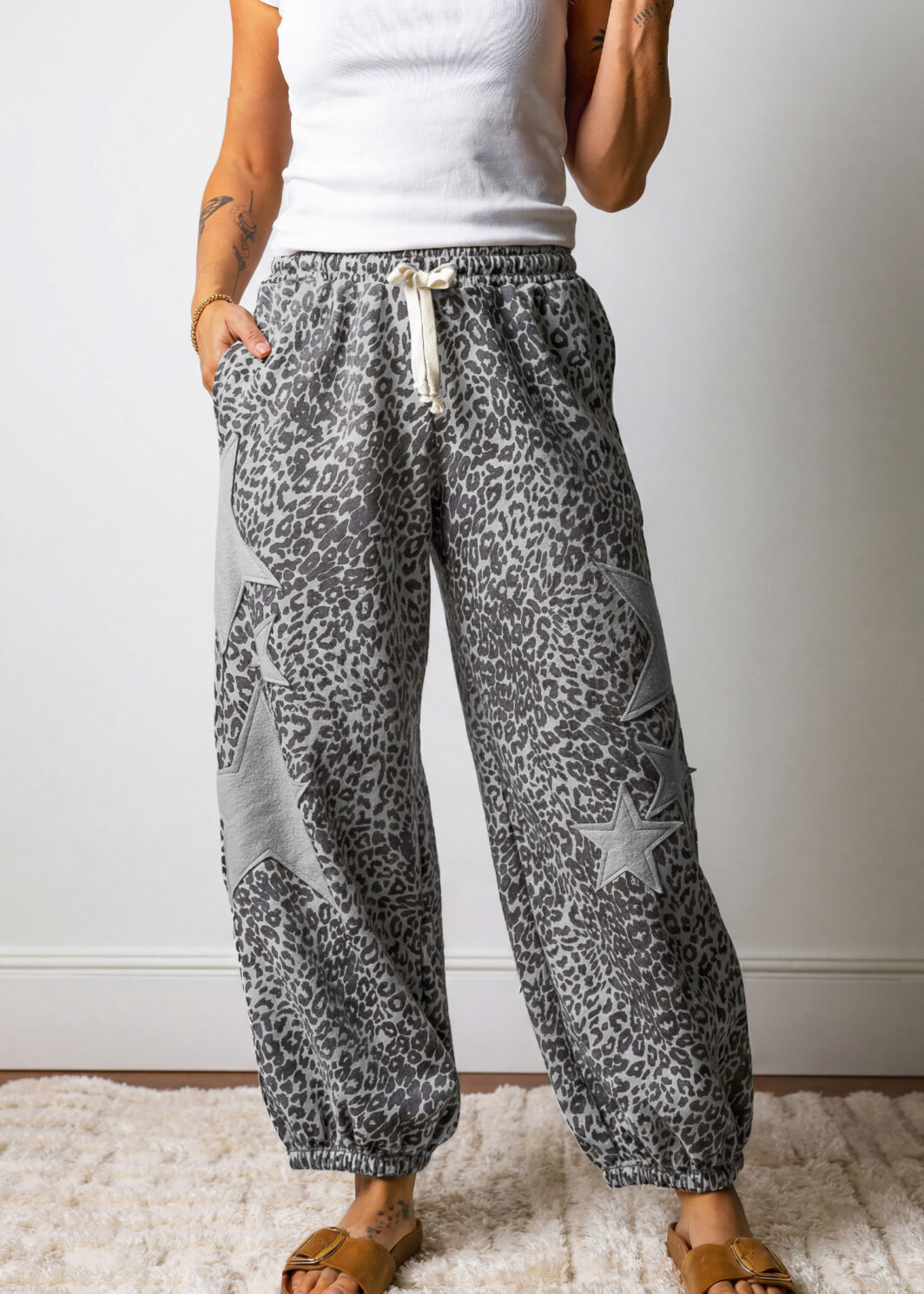 Gray Leopard Print Star Patched Drawstring Elastic Waist Jogger Pants