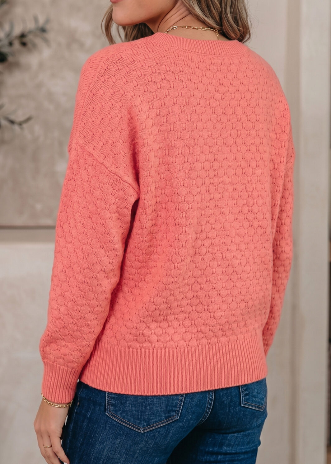 Coral Paradise Drop Shoulder Ribbed Knit Long Sleeve Sweater