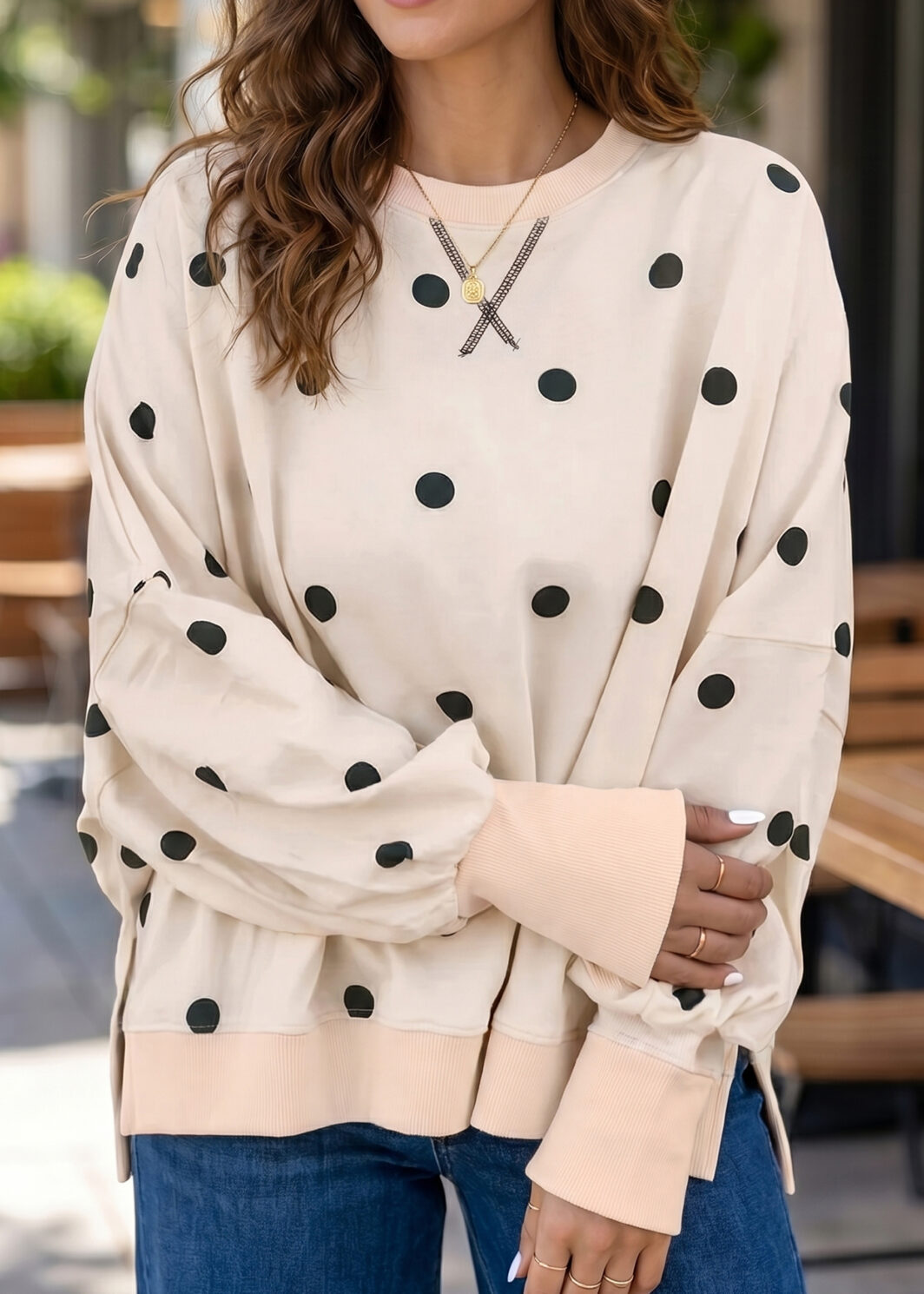 Beige Loose-fit Long Sleeve Round Neck Polka Dot Tunic Sweatshirt