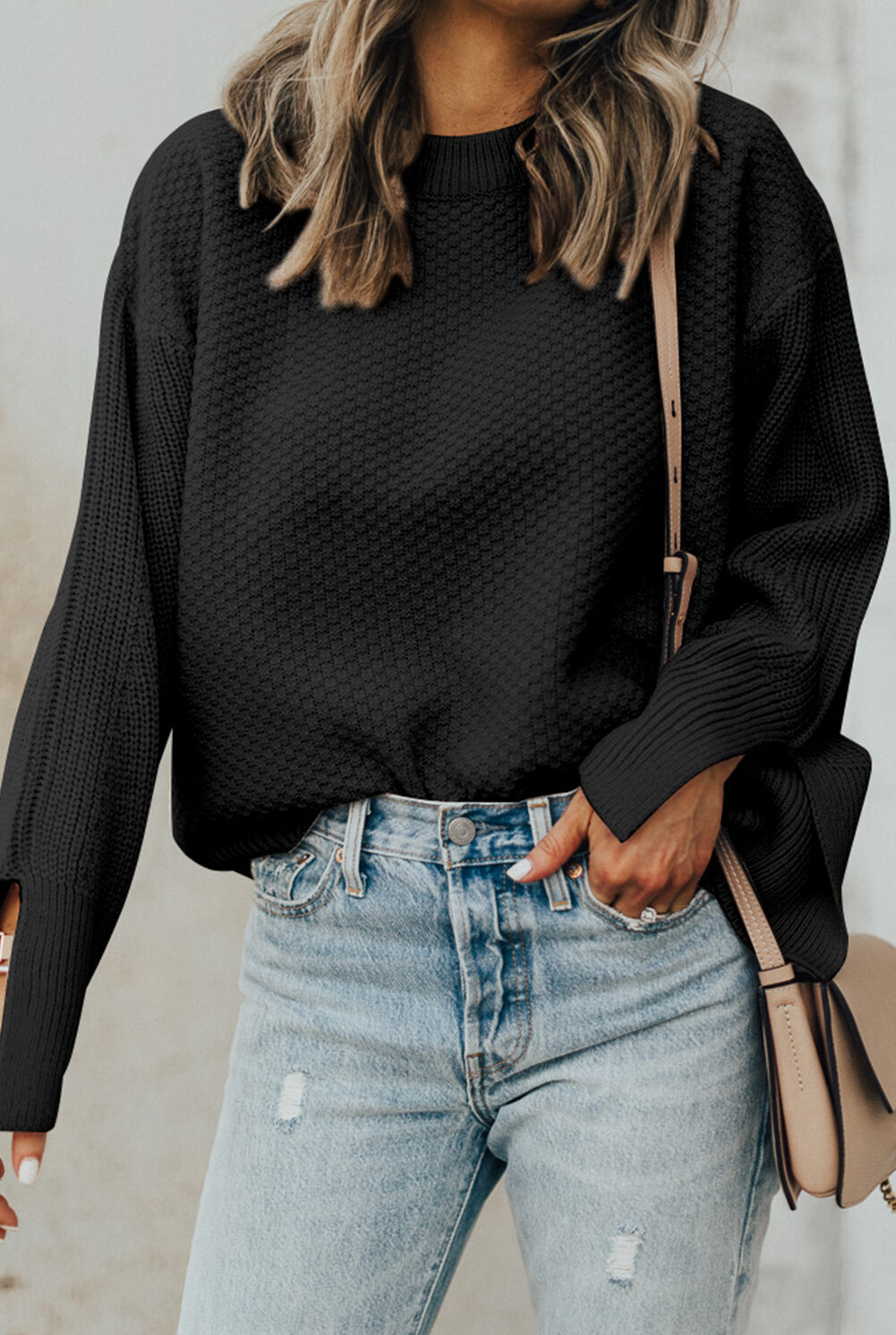 Black Solid Textured Knit Split Cuff Drop Shoulder Loose Sweater