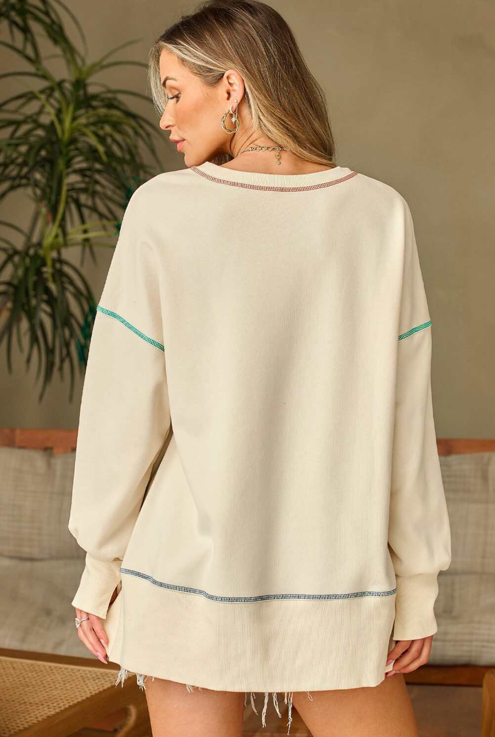 Contrast Stitching Split Baggy Sweatshirt