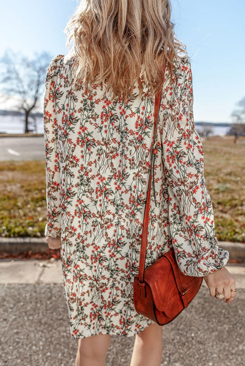 White Floral Printed Long Sleeve Mini Dress