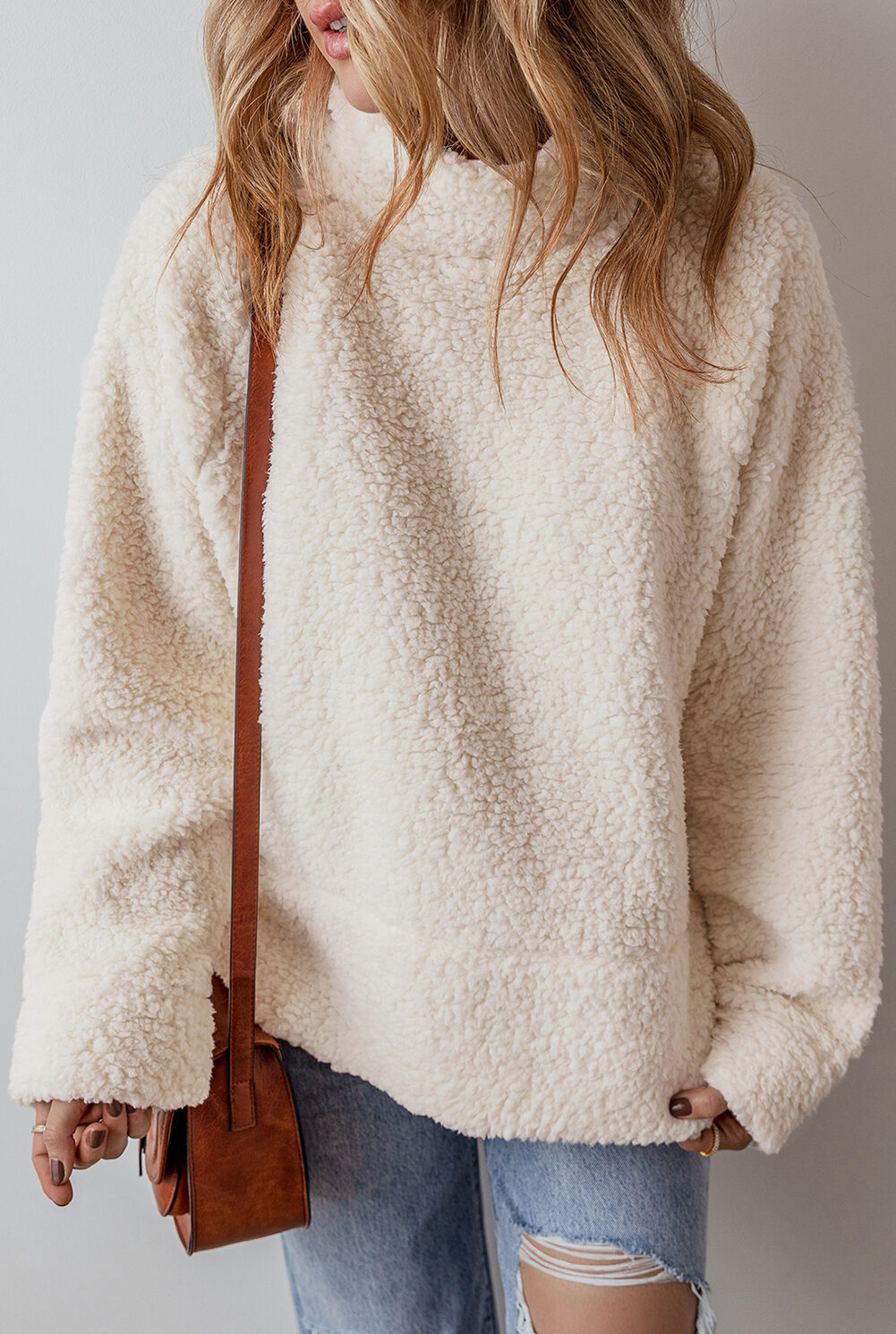 White Solid Fleece High Neck Drop Shoulder Pullover Sweatshirt