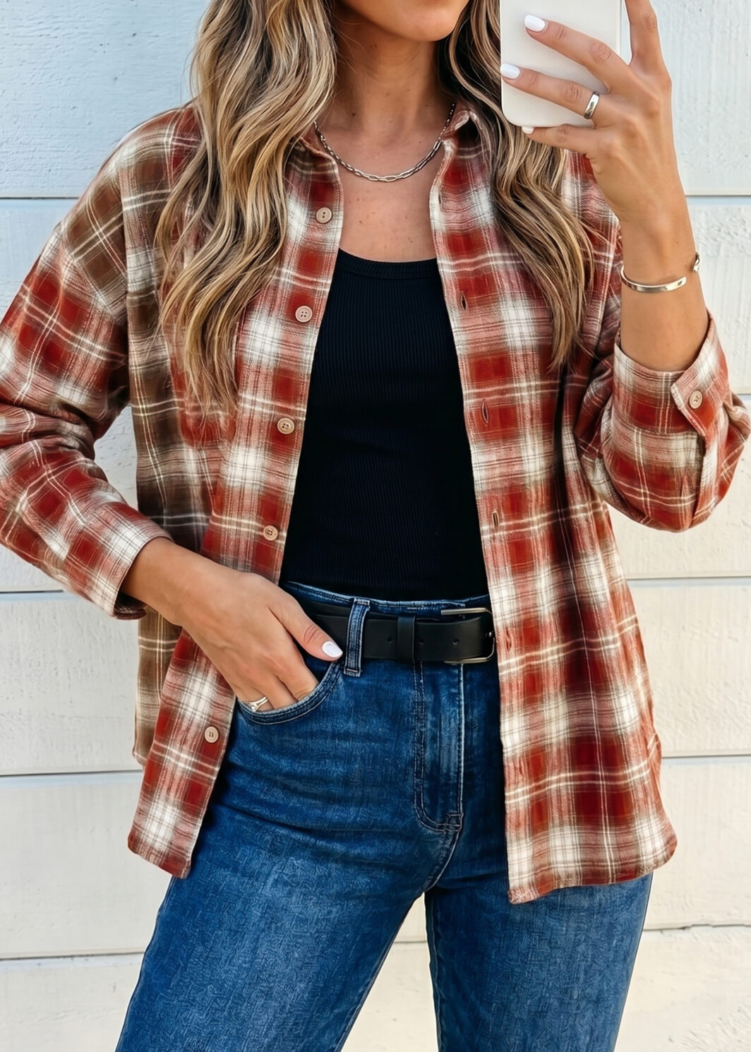Red Contrast Plaid Long Sleeve Button Down Shirt