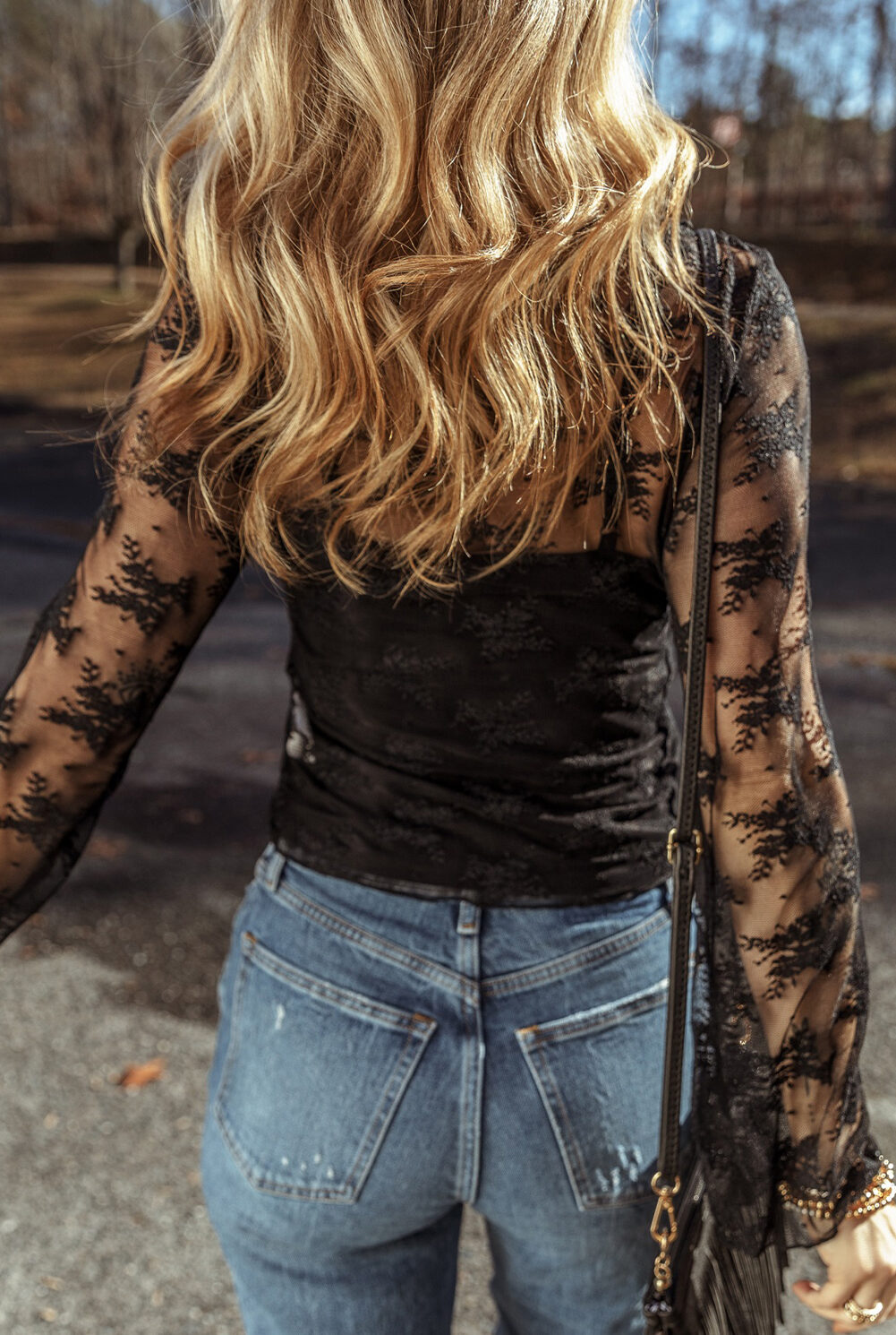 Black Lace Mesh Crochet Splicing Slim Fit Long Sleeve Blouse