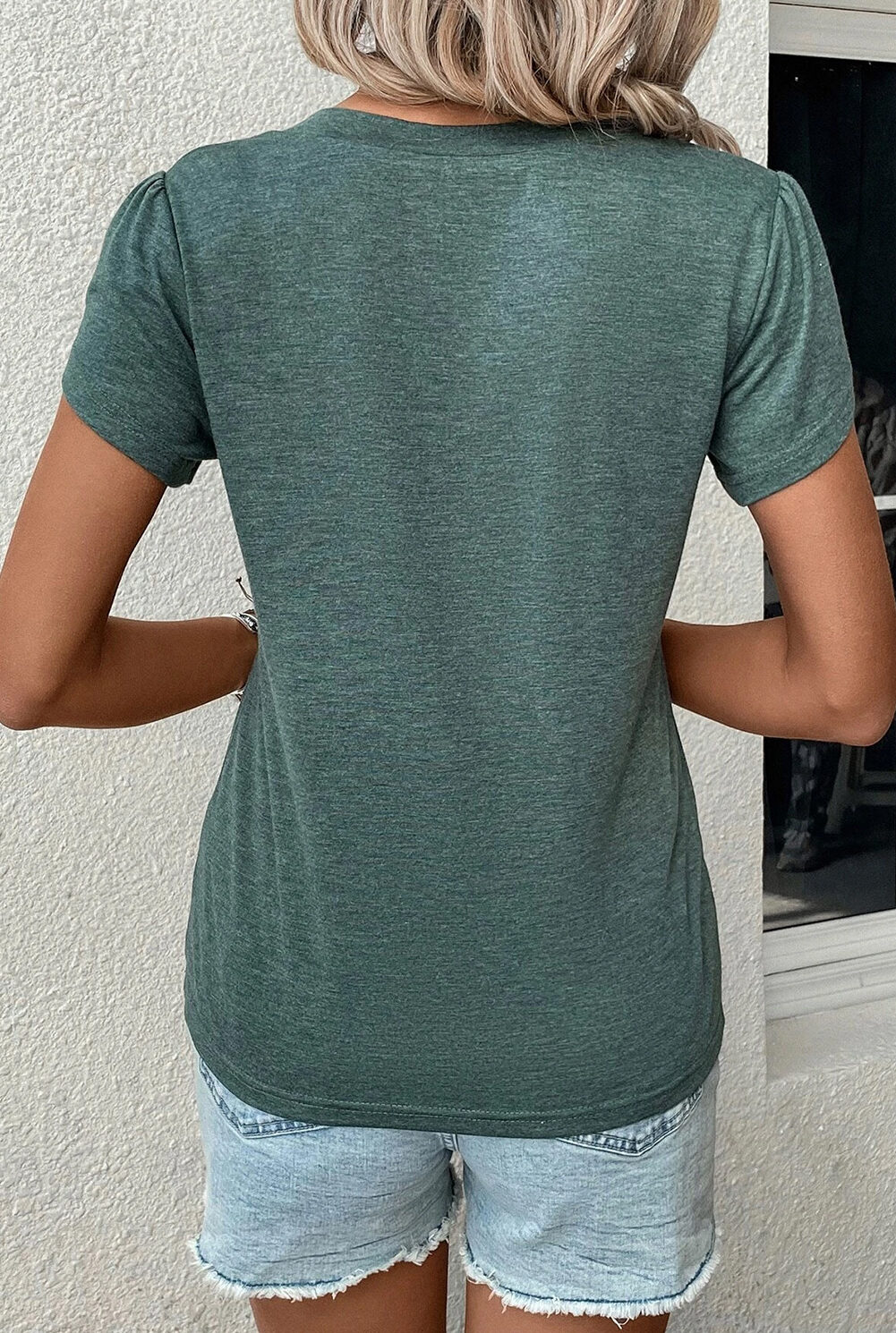 Mist Green Fashion Petal Sleeve V Neck T Shirt