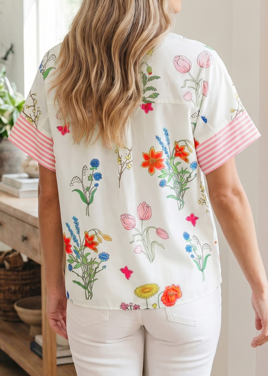 Beige Floral Striped Patchwork Ruffled Collar Short Sleeve Shirt
