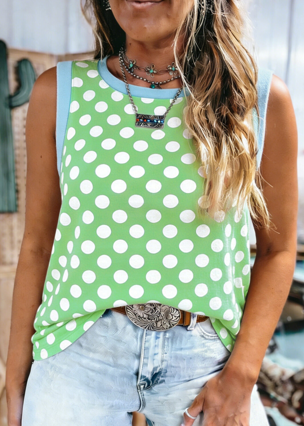 Green Polka Dot Contrast Trim Round Neck Loose Tank Top