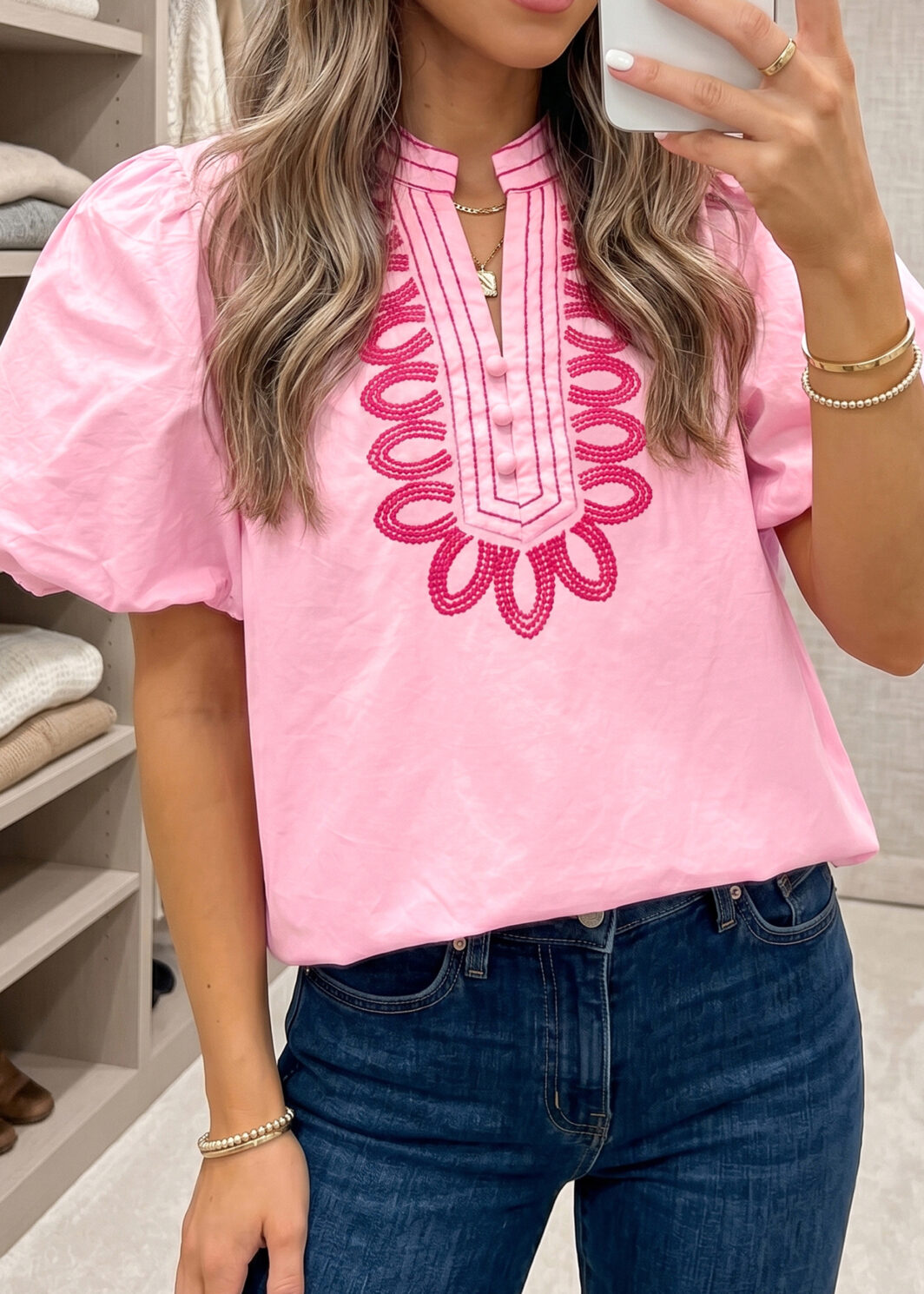 Pink Boho Embroidered Detail Puff Sleeve Cotton Blouse