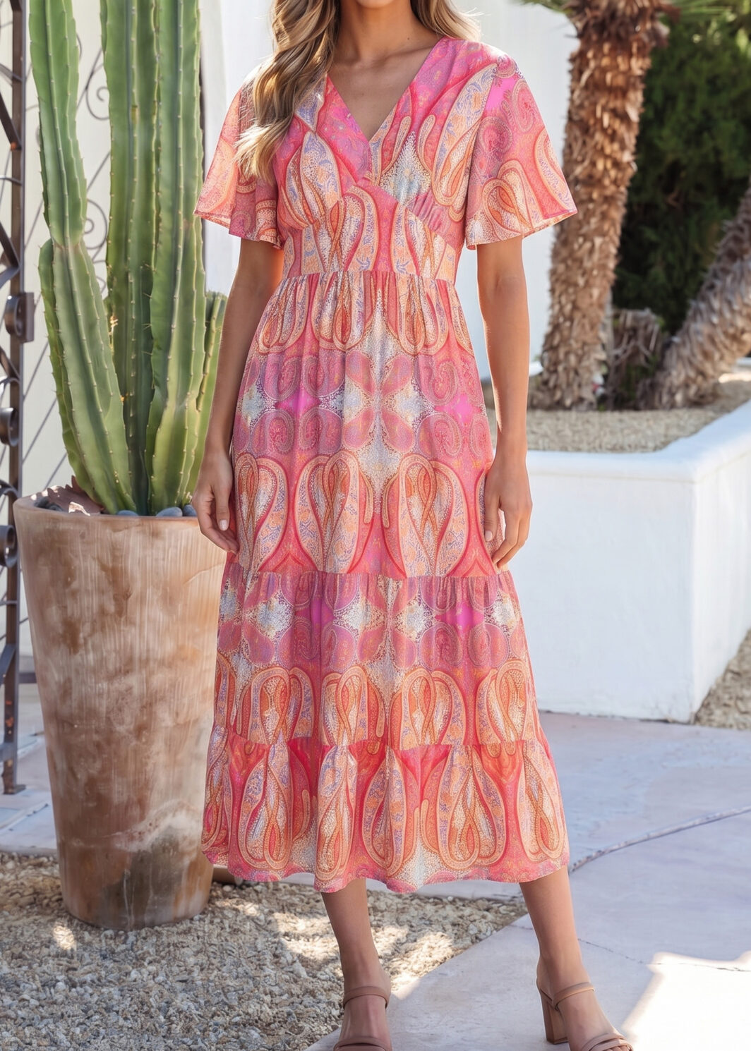 Multicolour Paisley Print V-Neck Short Sleeve Boho Maxi Dress with Ruffle Details