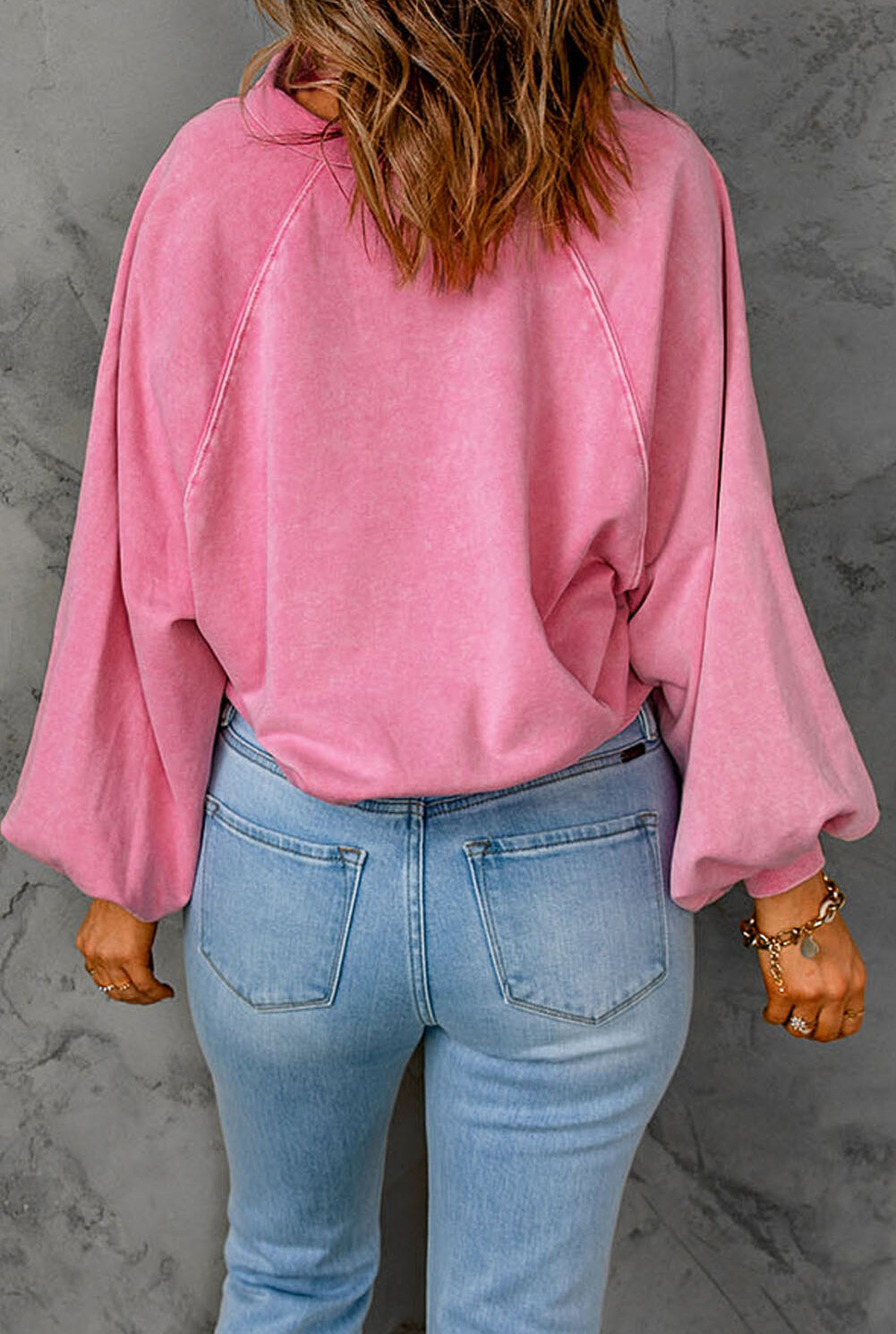 Pink Washed Snap Buttons Lantern Sleeve Pullover Sweatshirt
