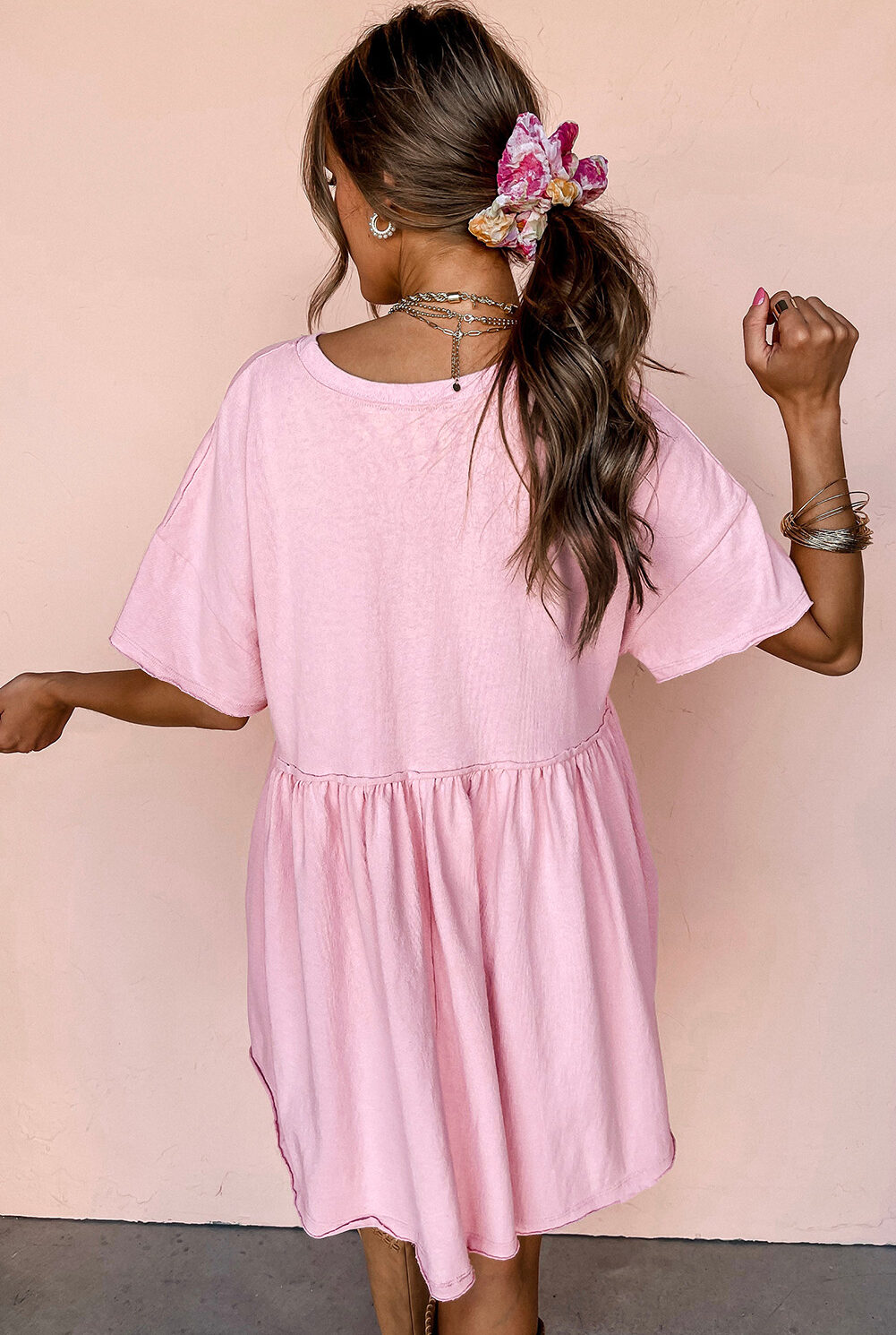 Light Pink Solid Color Pocketed Raw Edge Babydoll Dress