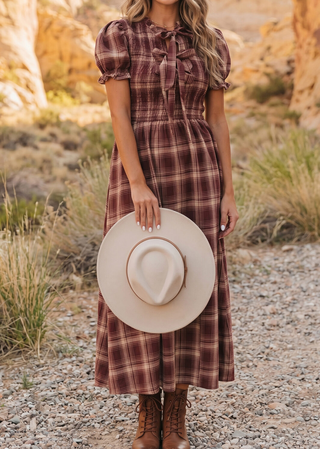 Red Vintage Plaid Knot Front Smocked High Waist Midi Dress