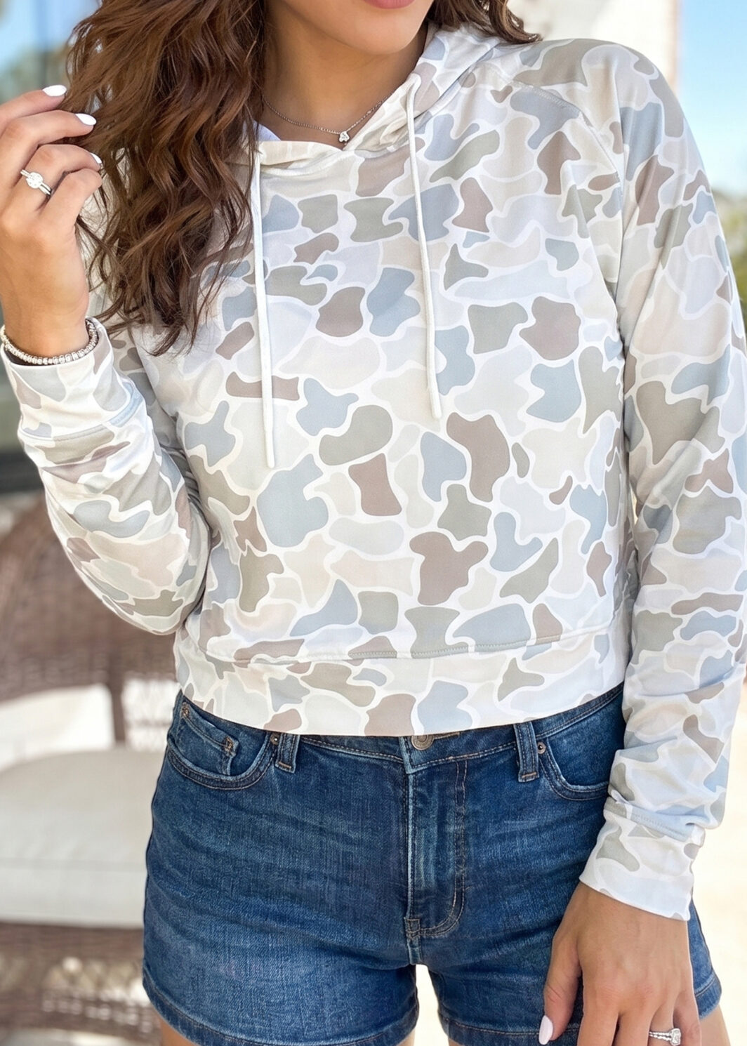 Beige Camouflage Print Long Sleeve Hooded Pullover Casual Top