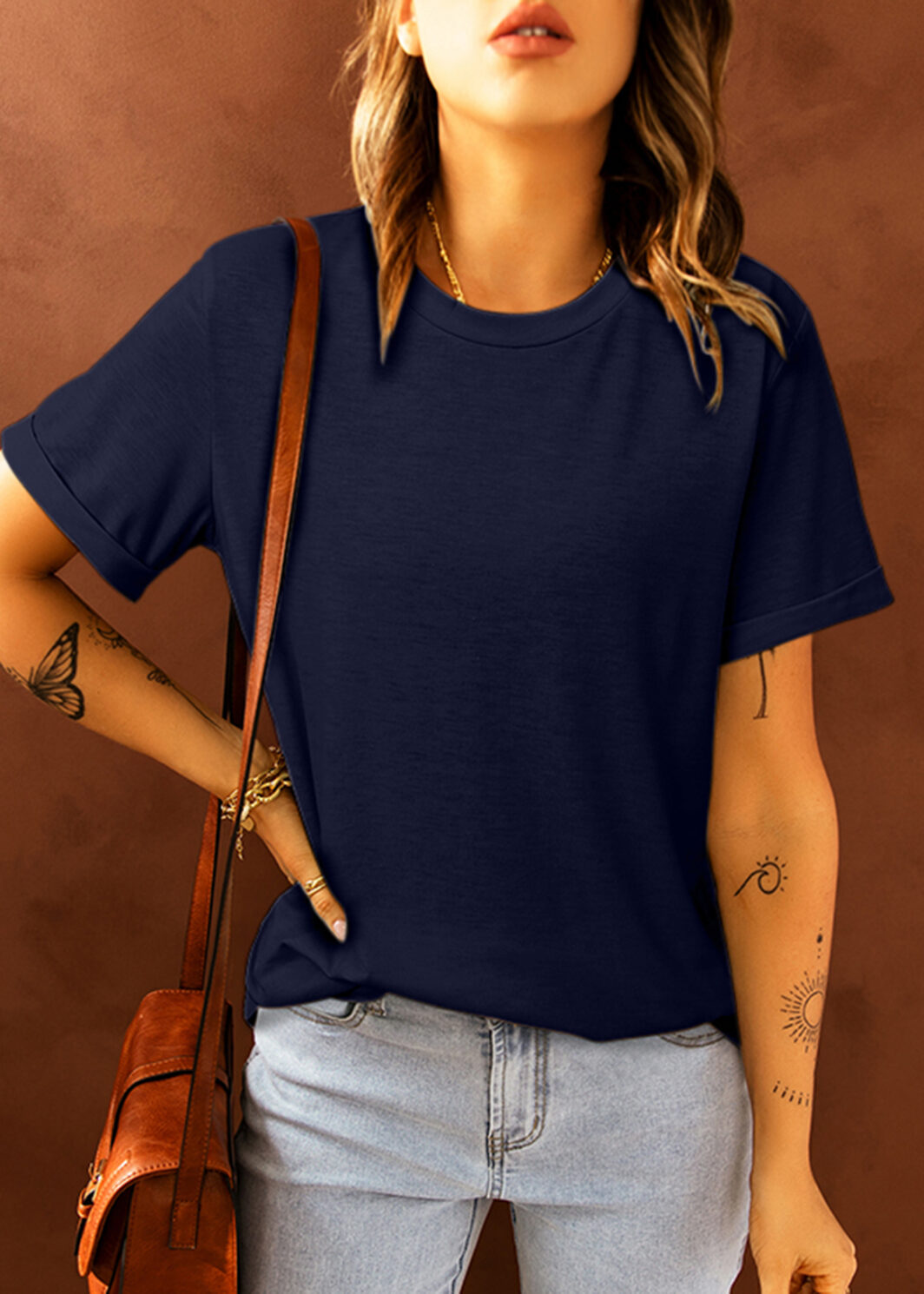 Blue Solid Color Crew Neck Tee