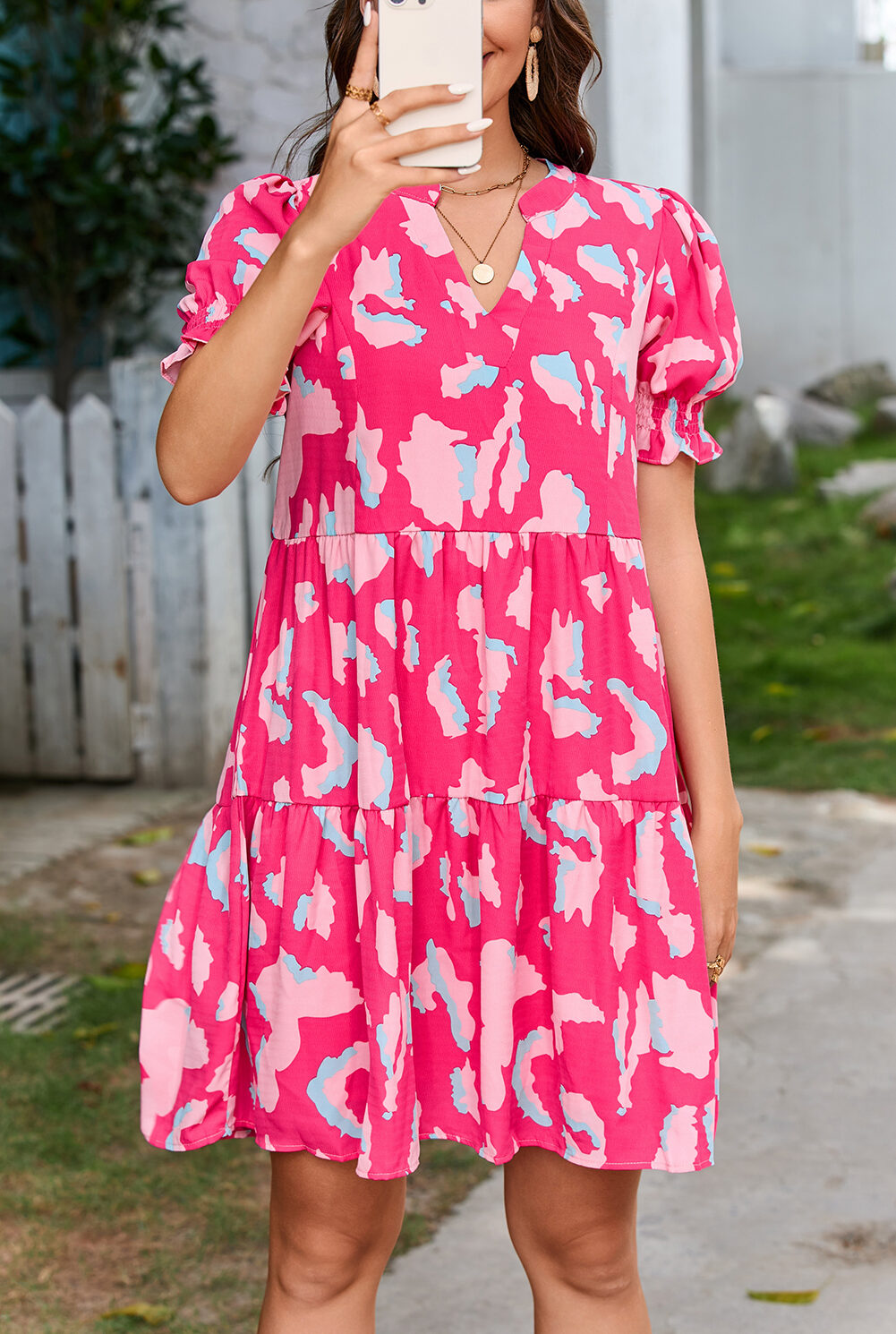 Pink Abstract Printed Puff Short Sleeve Tiered Loose Dress