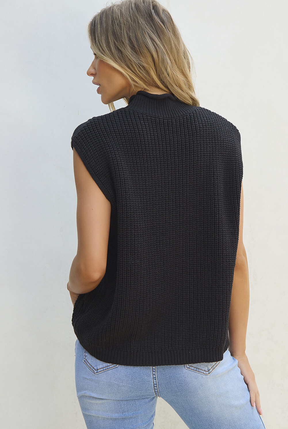 Black Solid Color Cable Knit High Neck Sweater Vest