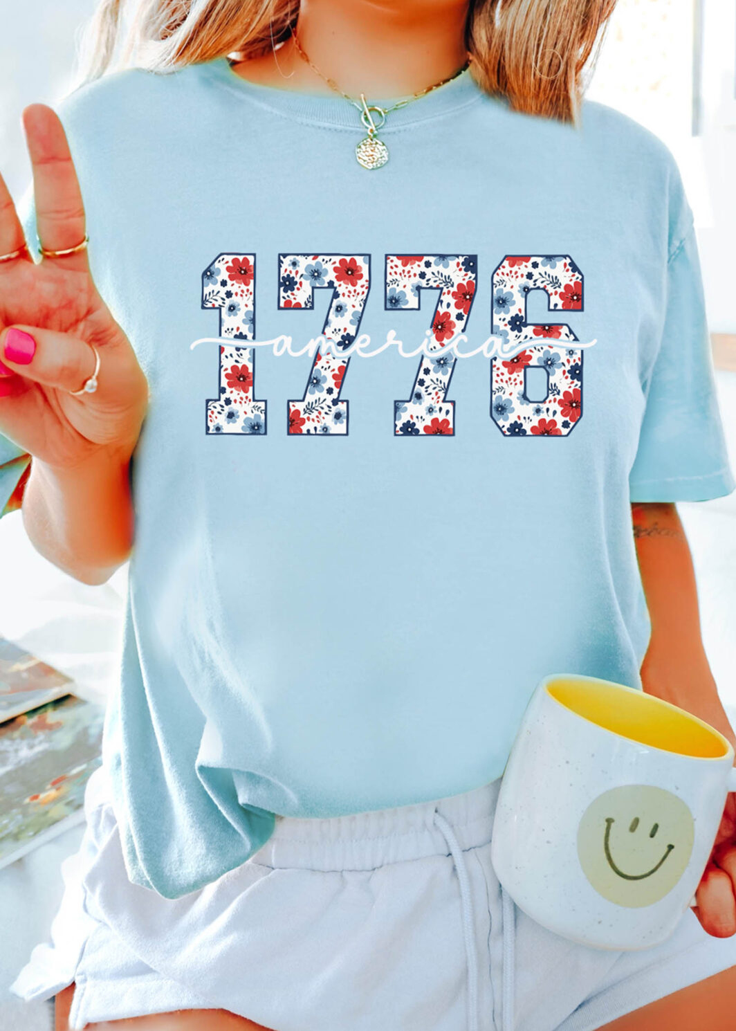 Light Blue America 1776 Floral Print Relaxed T Shirt